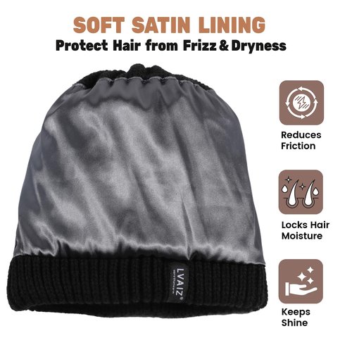 Lvaiz Hats Satin Lined Ponytail Beanie Knit Winter Hat for Women High Messy Bun Hat with Ponytail Hole Warm Skull Cap Women Black