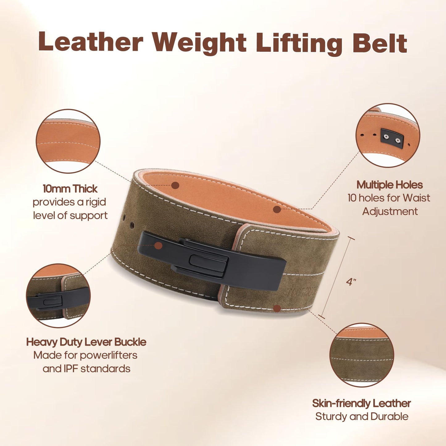 TOUGERJOY 10MM Weight Power Lifting Leather Lever Pro Belt Gym Training Black-Weightlifting Belt for Men and Women – Support Back and Core During Heavy Powerlifting Deadlifts and Squats