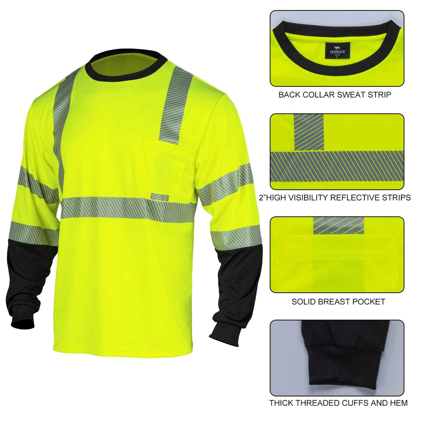 VENDACE Safety Reflective Hi Vis Long Sleeve Shirts for Men ANSI Class 3 High Visibility Construction Work T Shirts (Yellow,XL)