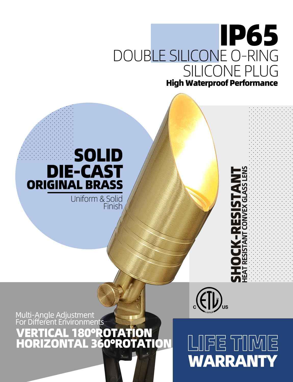 MALORY Brass Landscape Spotlight,12V AC/DC Low Voltage LED Landscape Lighting,Waterproof Spot Up Light for Garden,Patio and Yard (4-Pack with Bulb)