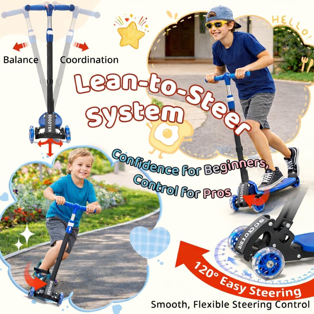Skiennix Kick Scooter for Kids | Adjustable 28"-32" Handlebar | Light-Up Wheels & Anti-Slip Deck
