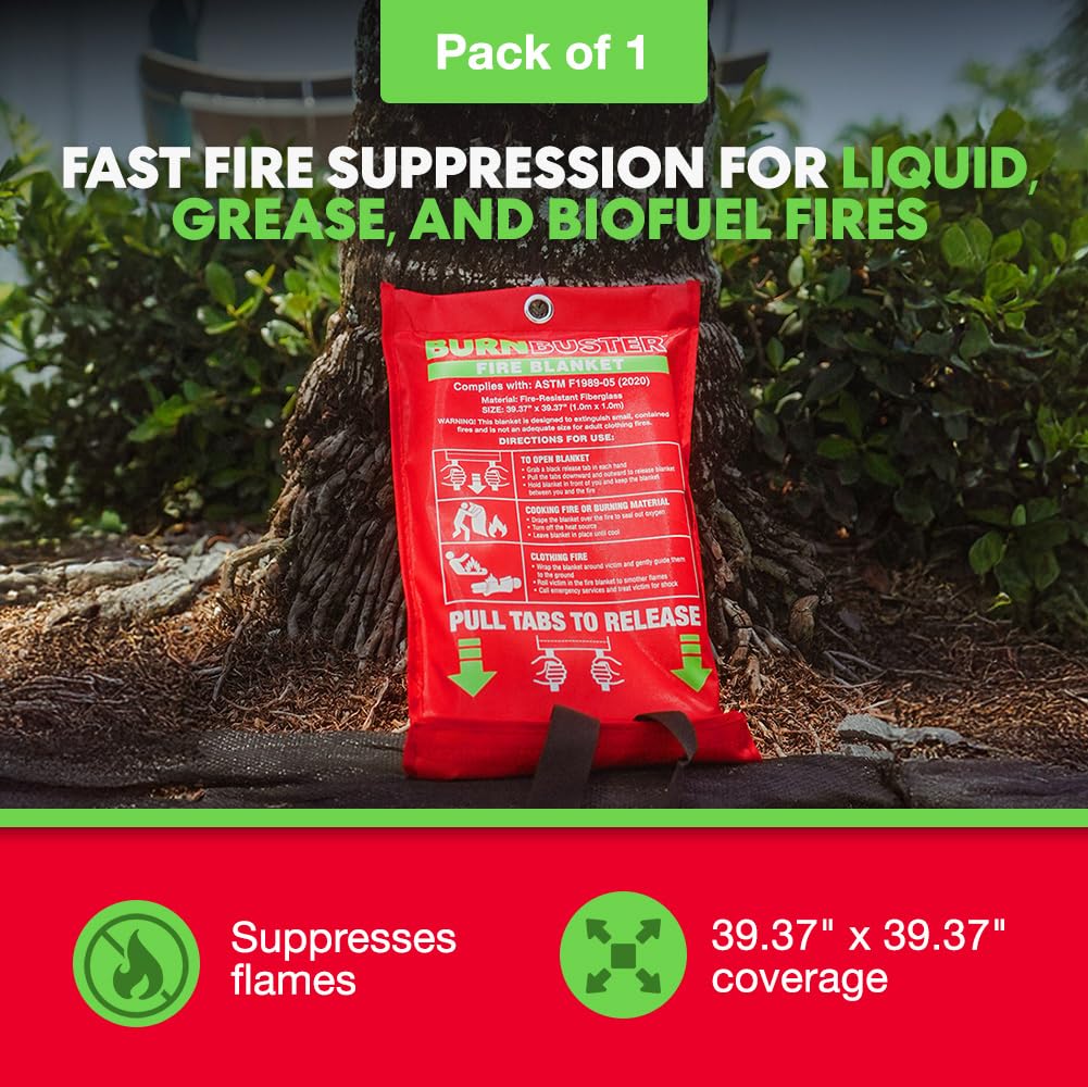 BURNBUSTER Emergency Fire Blanket - ASTM Certified Fire Suppression Blanket for Home, Kitchen, Grill, Camping, Car & More - 40" x 40" Flame Retardant Fabric, No Mess, Easy Deployment
