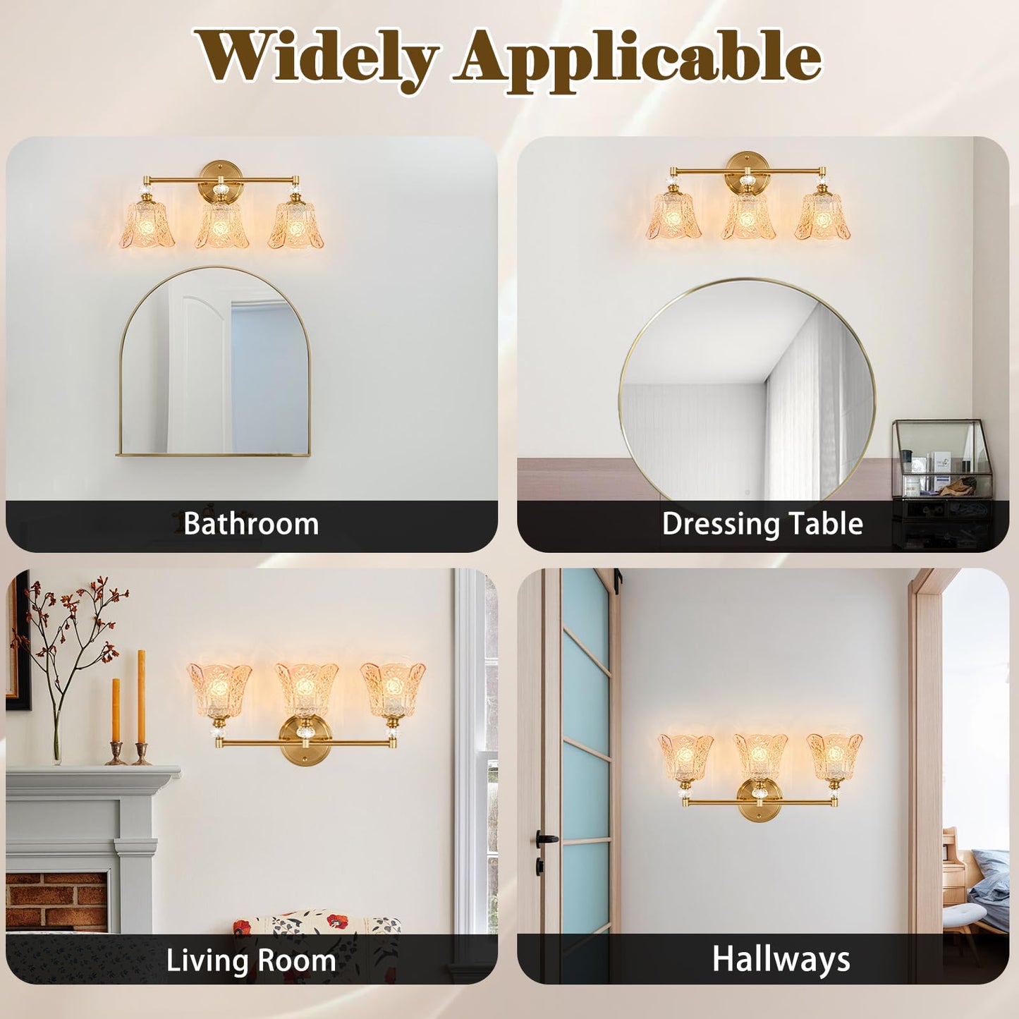 sunkryster Gold Vintage Bathroom Vanity Light Fixture, 3-Light Bathroom Lighting Gold Finish with Amber Glass Shade, Retro ‎Brushed Gold Vanity Light for Bathroom