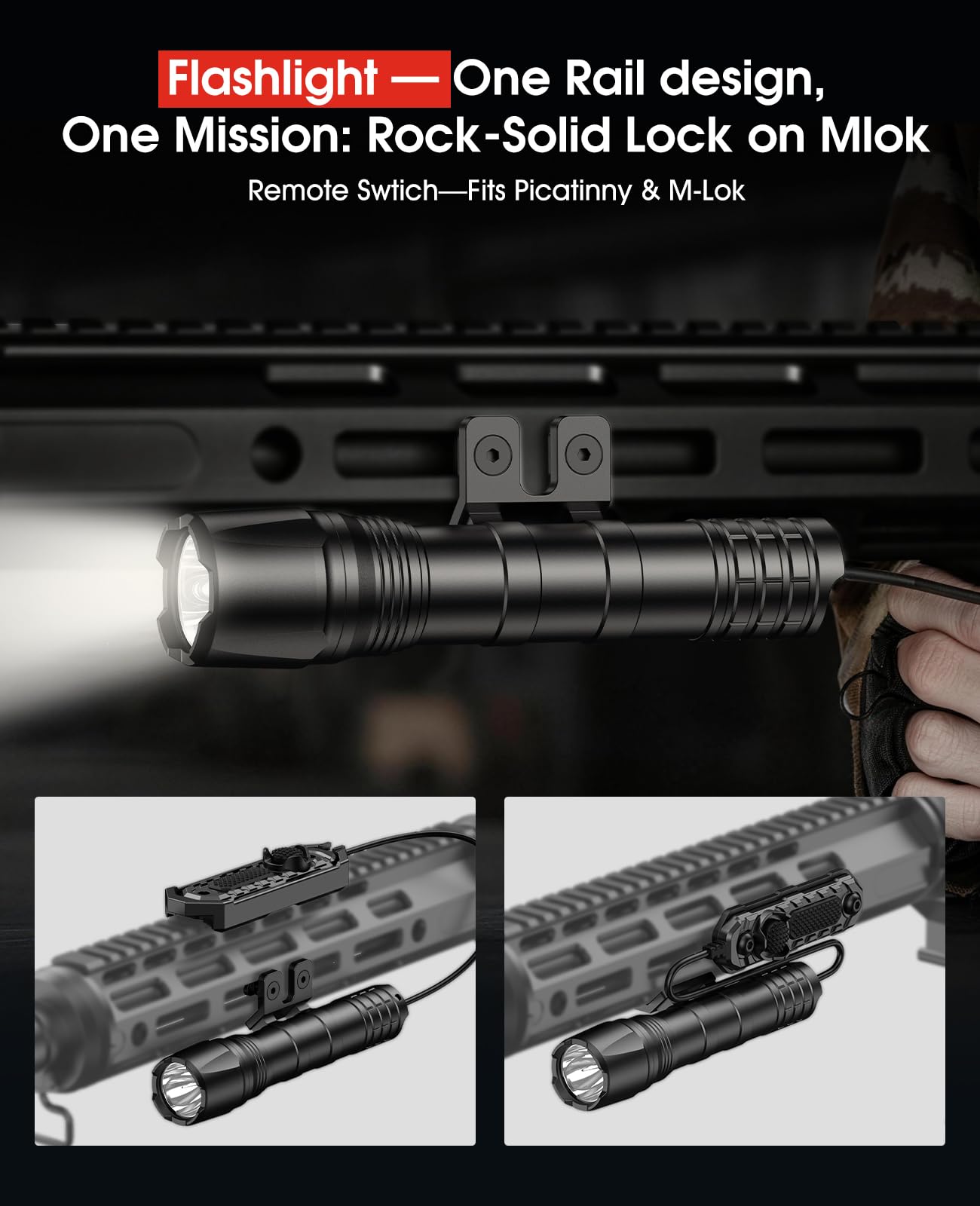 EZshoot Rifle Mlok Flashlight, 1800 Lumens, Rechargeable with Remote Switch