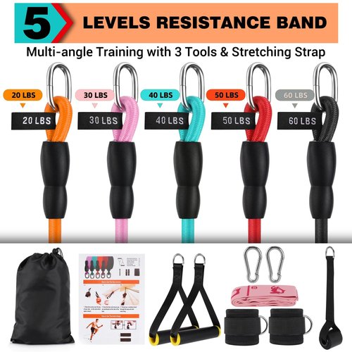 Latex Resistance Bands Set, 20-60 lbs (5 Tubes) with Handles, Odor-Free & Ankle Straps & Door Anchor - Premium Fitness Bands for Home Gym, Strength Training, Physical Therapy