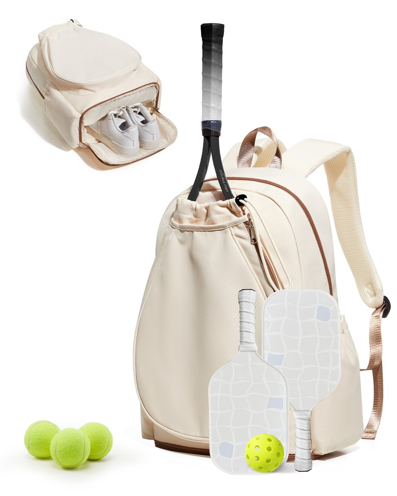 bergsalz Tennis & Pickleball Bag for Women Men, Fits 1 Racket or 2 Paddles, Lightweight Waterproof Tennis Backpack with Shoe Compartment & Wet Pocket For Training, Gym & Travel, Beige Brown