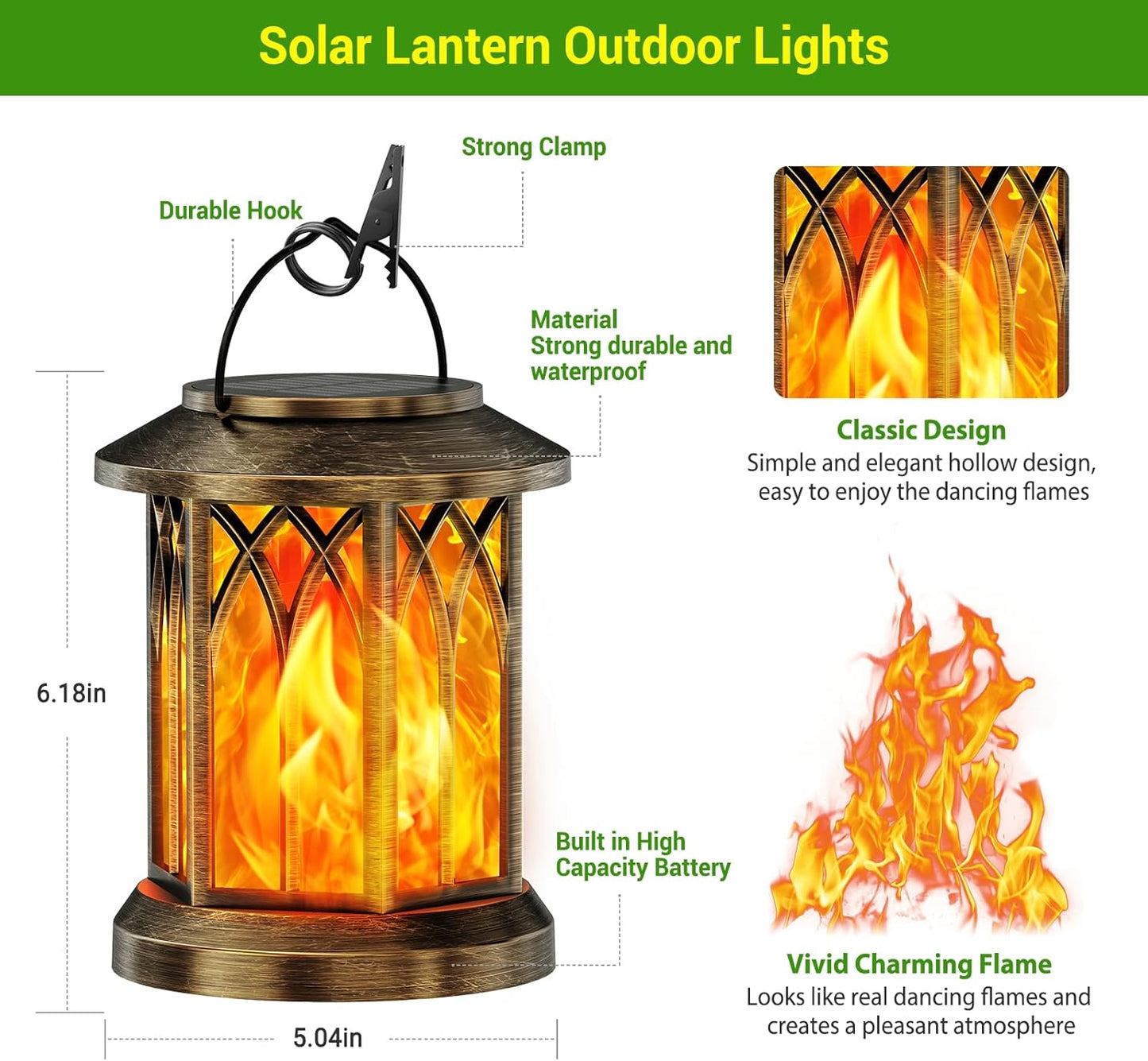 Solar Lanterns Outdoor - 4 Pack Waterproof Flickering Flame Lights for Garden & Yard Decor (Bronze)