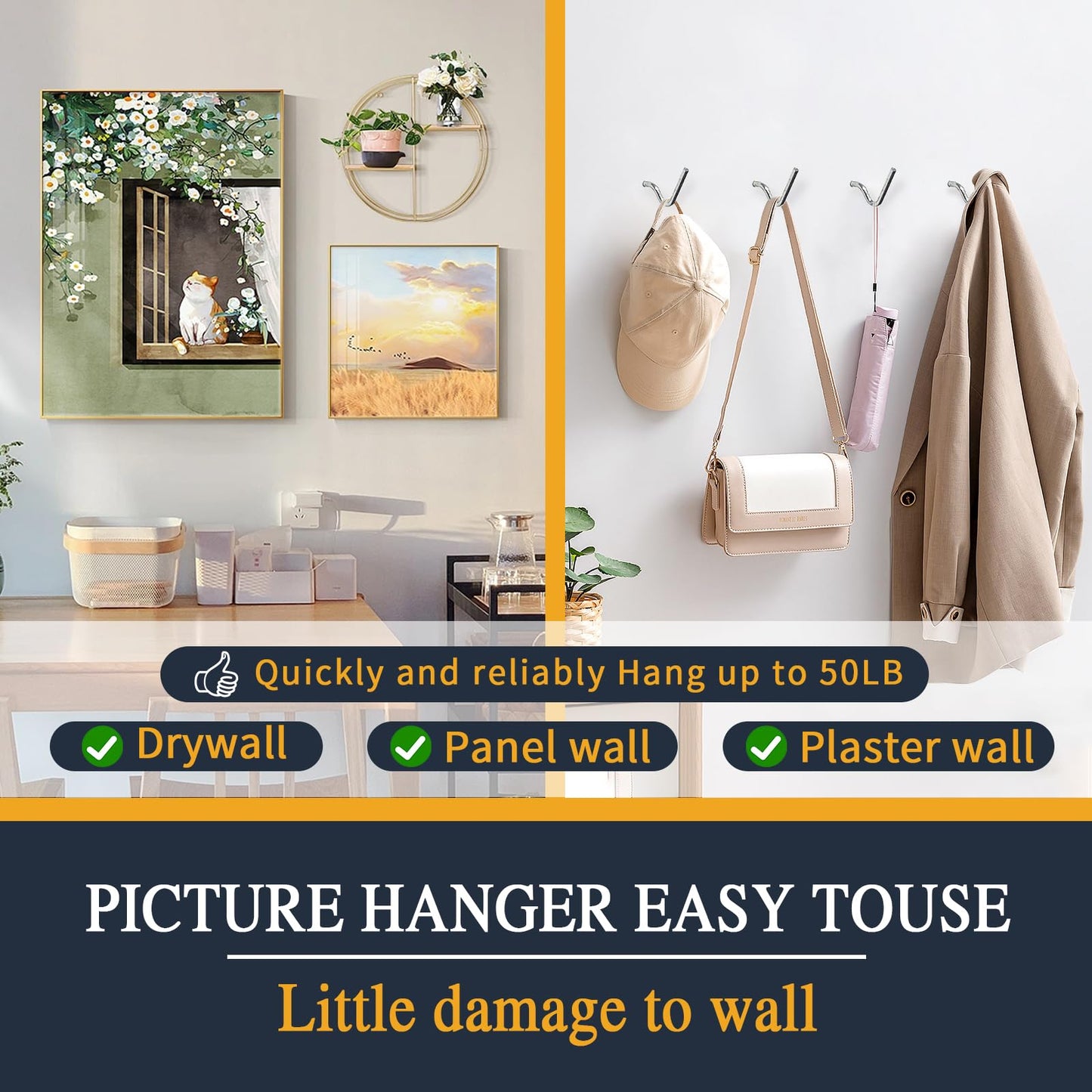MIHUYAN Picture Hanger Super Hook 50PCS,High-Quality Steel Picture Hanger Hercules Hooks,Used for Drywall, Wood Wall, Plaster Wall, can Hang Photos, Art, Clock, Mirror