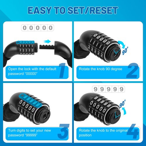APECYC Bike Chain Lock Heavy Duty, 5 Digit Combination Anti-Theft Bicycle Lock, 3 FT Hardened Steel Square Links Locks for Bike, E-Bike, Motorcycle, Scooter, Gate
