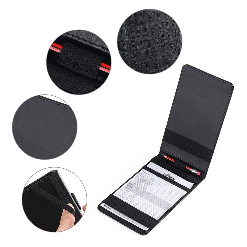 E.XINI Leather Golf Scorecard Holder - Yardage Book Cover Golf Stat Tracker Sheet - Premium Golf Leather Scorecard - Golf Score Book - Large Size 7.6x4.5IN Black