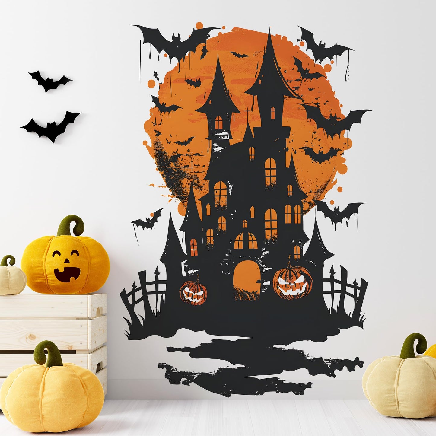 DRWSSR 2 Sheets Halloween Wall Stickers: Removable Bats Moon Pumpkin Wall Art DecalStickers - Peel & Stick for Indoor DIY Wall Art