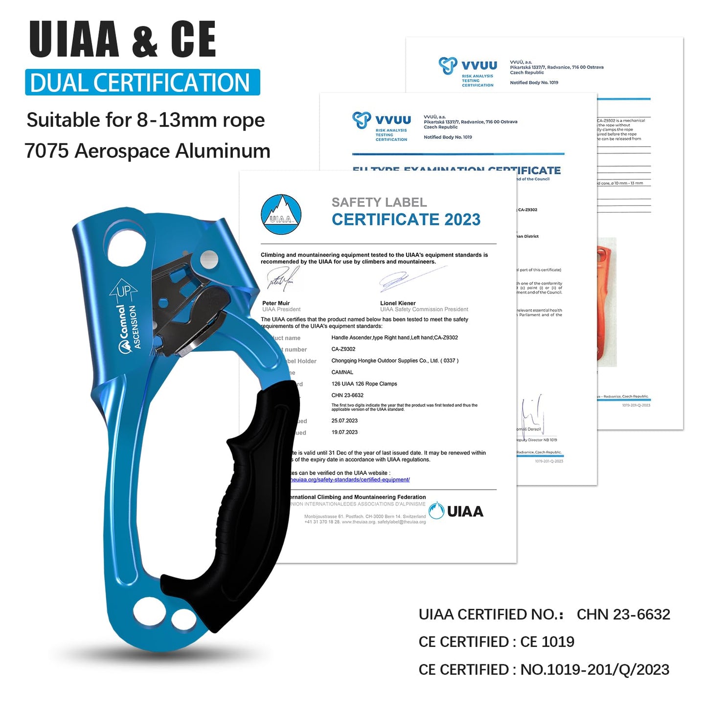 CAMNAL UIAA & CE Certified Hand Ascender for 8–13mm Rope, Rope Clamp for Rock Climbing, Tree Climbing, Arborist, Rappelling Gear – Right Hand Blue