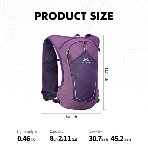AONIJIE Running Hydration Vest for Men & Women, 8L Hydration Backpack, Multiple Pocket Designs for Water Bottles/Bladders, Lightweight Breathable for Hiking, Climbing, Marathon & Cycling - Purple