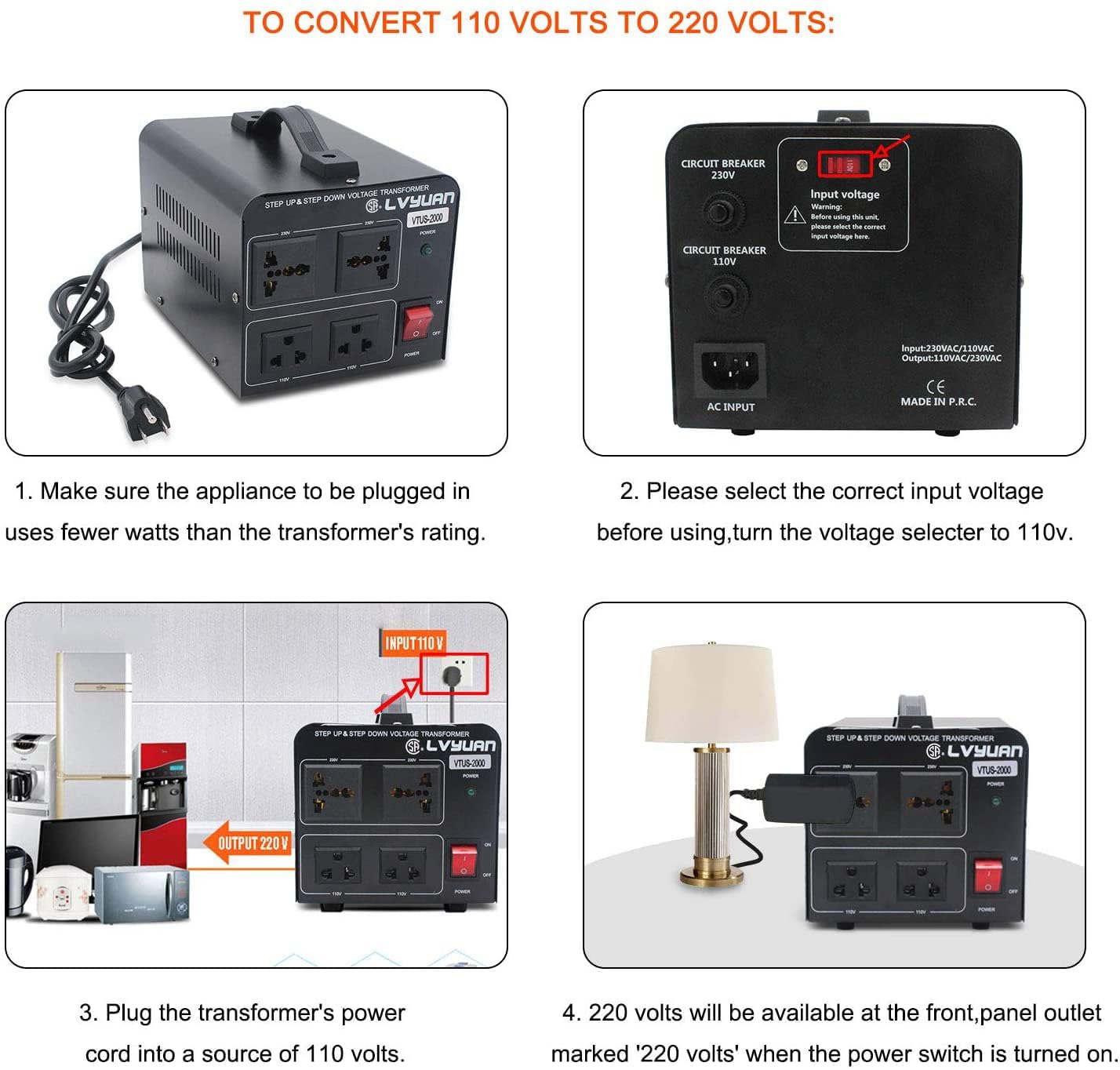 Cantonape Voltage Transformer Converter 2000 Watt Step Up/Down Convert from 110-120 Volt to 220-240 Volt and from 220-240 Volt to 110-120 Volt with 2 US Outlets, 2 Universal Outlets