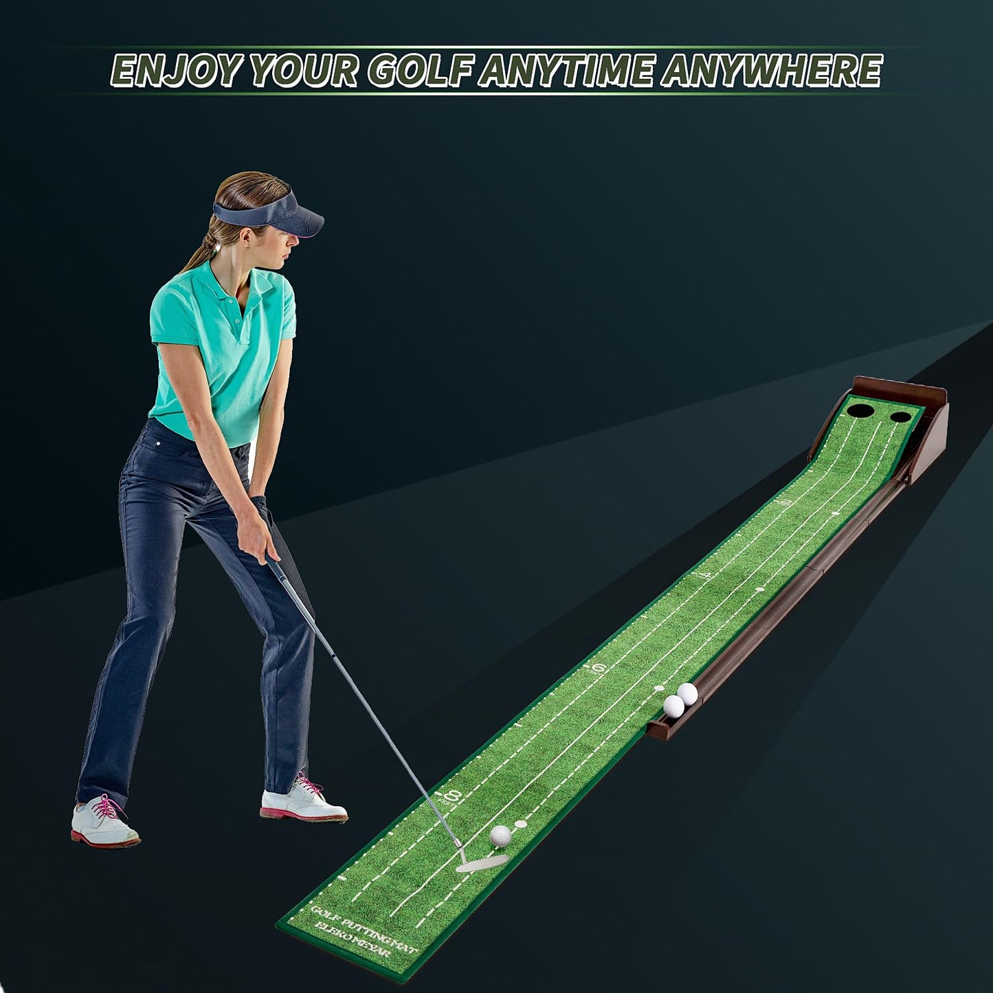 Eleko Meyar Golf Putting Mat, Portable Indoor Putting Green, Includes Putting Practice Ball, Wrinkle-Free Mat, Solid Wood Construction – Suitable for Office, Living Room,Outdoor, Golf Gifts