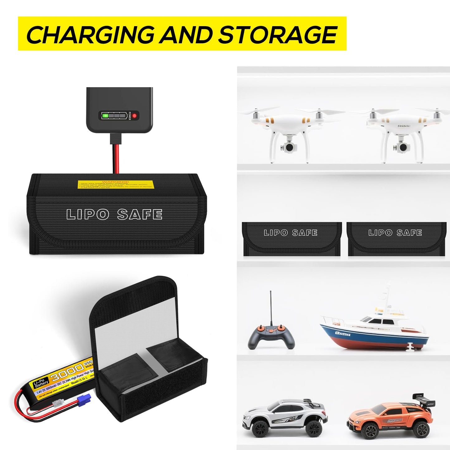 PAWBOSE 2pcs Lipo Battery Bag, Fireproof Lipo Guard Safe Box, 185x75x60mm Explosionproof Small Charging Case for rc Storage, Lithium ion and Travel Protection