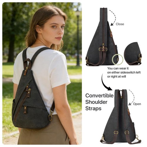BRASS TACKS Leathercraft Vintage Canvas Sling Bag for Men and Women, 3-in-1 Convertible Crossbody Backpack Chest Bag with Genuine Leather Zipper, Large Capacity Travel Daypack (Gray)
