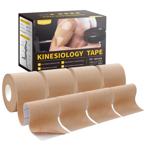 Dimora Uncut Kinesiology Tape, Original Cotton, 16' Elastic Athletic Tape for Muscle Pain Relief and Joint Support, 4 Rolls, Beige