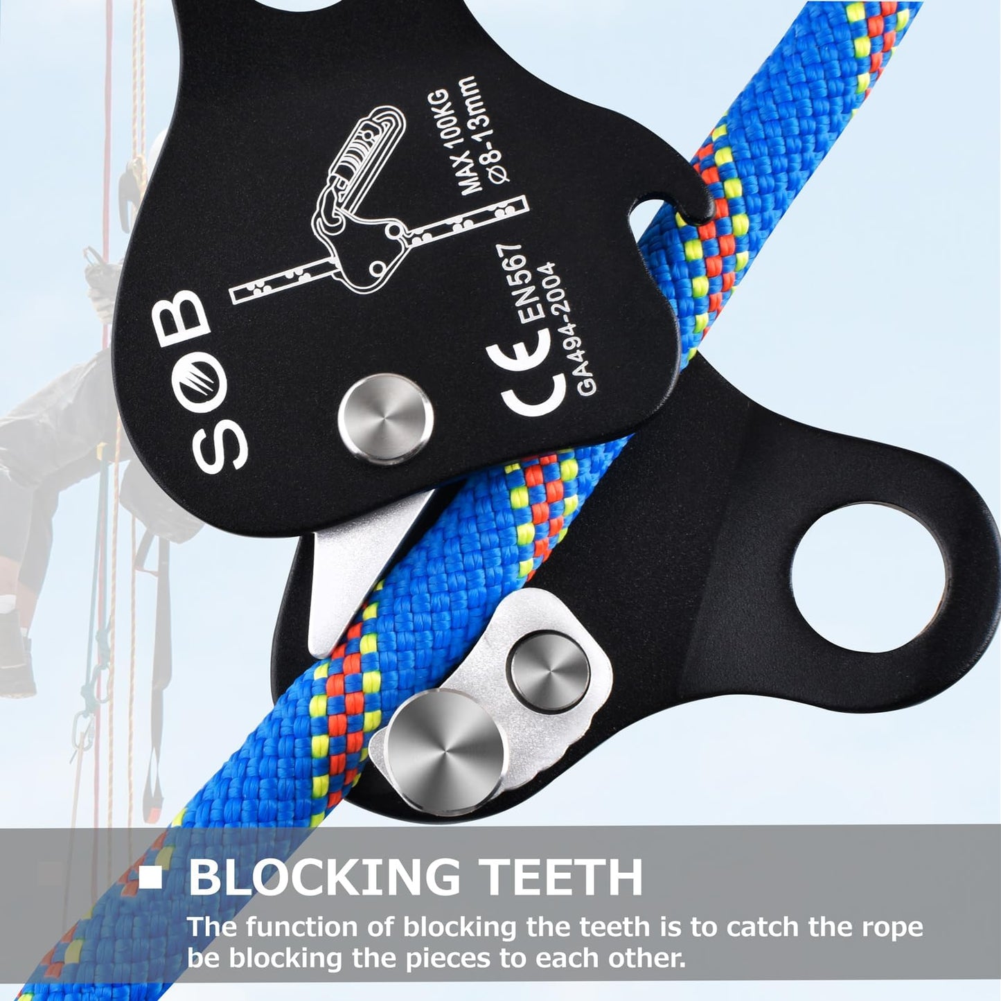 Azarxis Climbing Descender Ascender Belay Device Self Locking Fall Protection Rappel Equipment Rope Grip for 8-13mm Rope for Rock Mountaineering Aerial Work Caving Rescue Tree Arborist (Black)