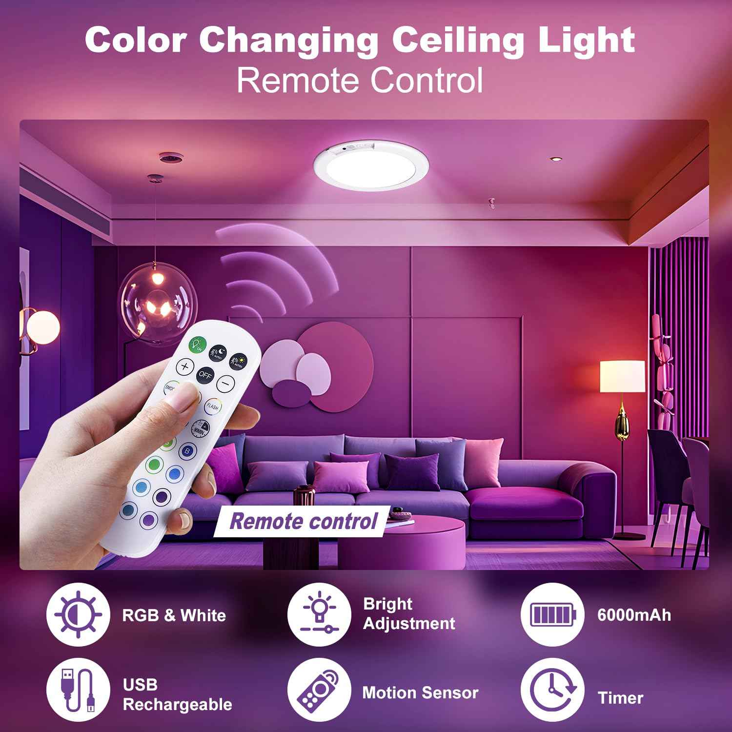Rechargeable Ceiling Light with Remote, Shower Lights for Inside Shower with Color Changing & White Lights, Magnetic Motion Sensor Closet Light Battery Powered Ceiling Light for Shower Closet Bathroom