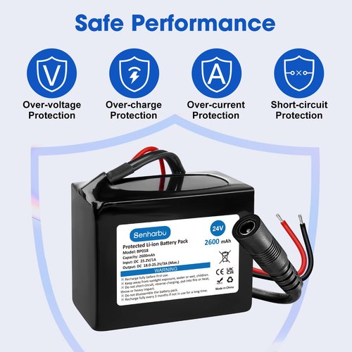 Senharbu 24V 2.6Ah Lithium Ion Battery 24 Volt Rechargeable Battery Replacement with Charger, Charging Cable, Cable Connector