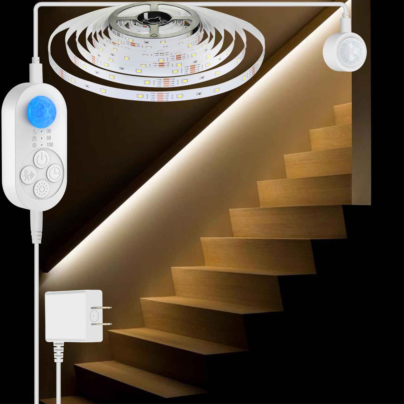 Dual Motion Sensor Light Indoor - Plug-in Motion Activated Step Stair LED Strip with Double Sensors, Dimmer and Timer for Stairway, Bedroom, Corridor (Warm White 3000K 16.4FT Light Strip)