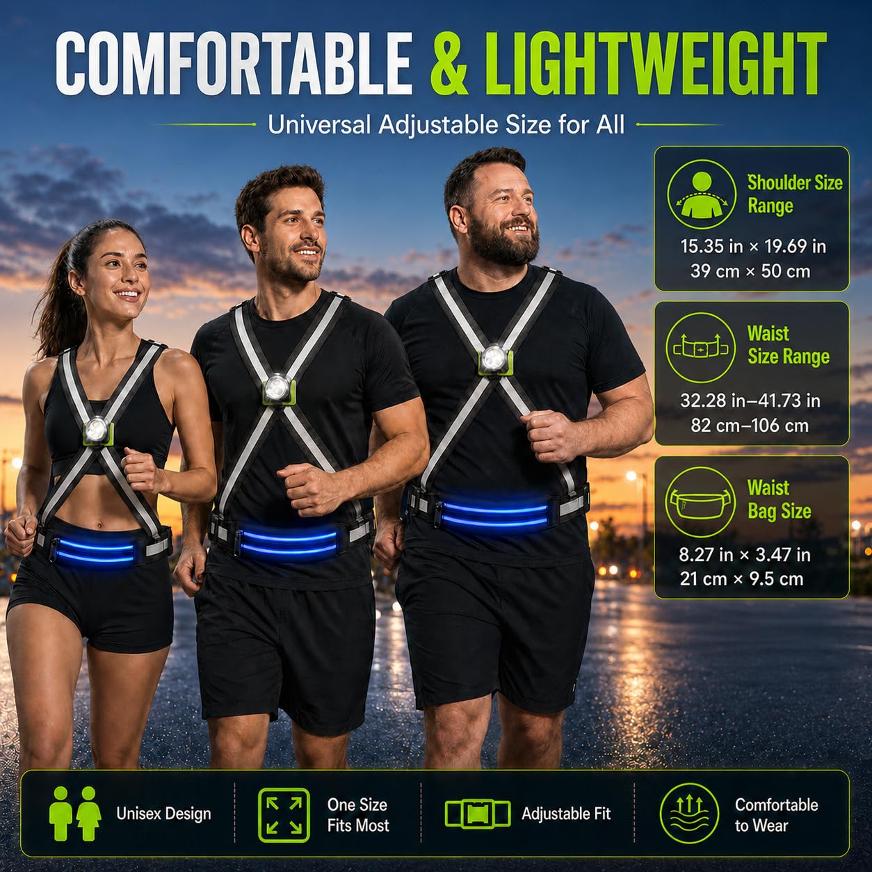500LM Running Lights for Runners,7+8 Front & Back Light Modes & 360° Reflective Running Vest with Light Up Zip Waist Bag,IPX4 Waterproof High Visibility Rechargeable Gear for Night Walking/Cycling