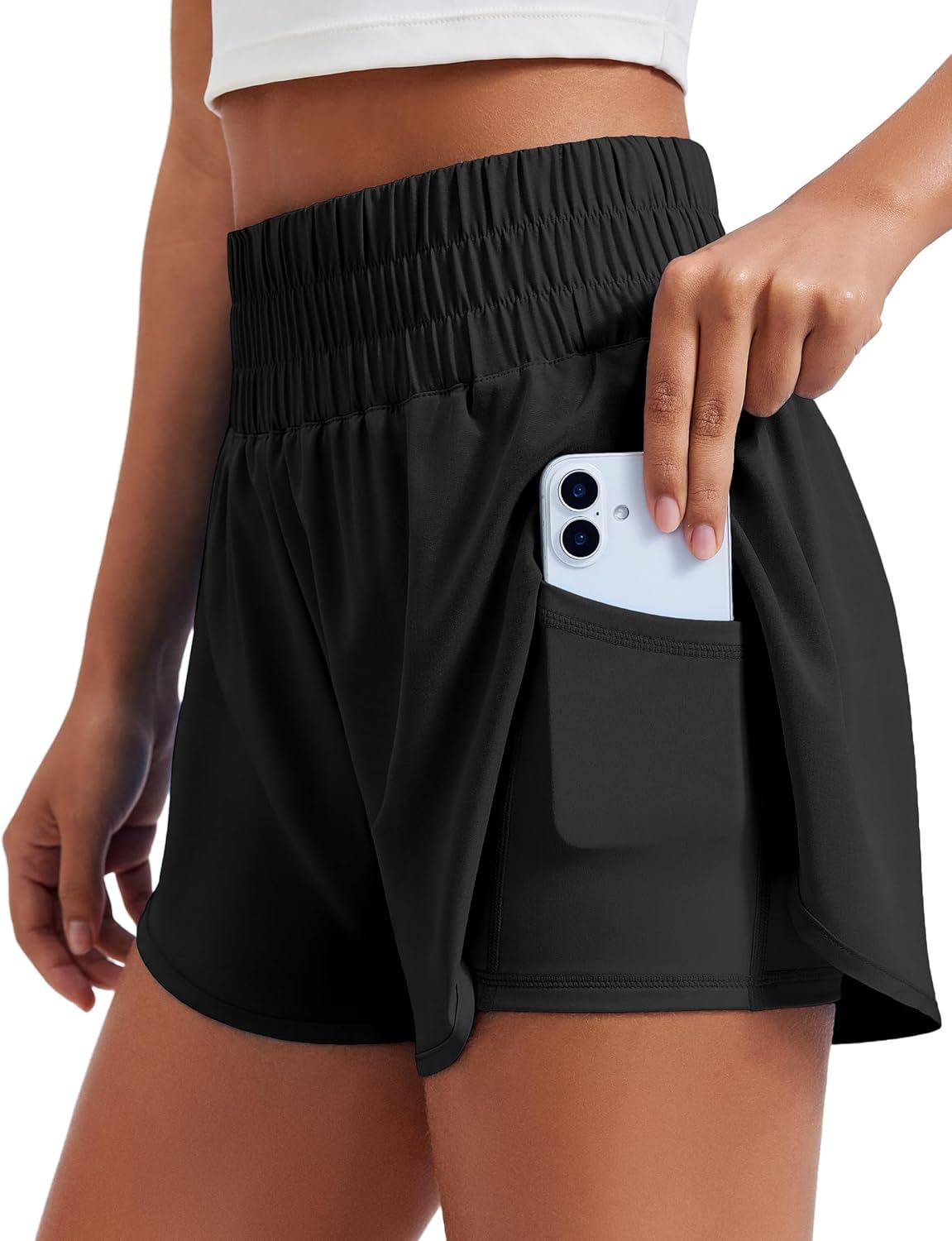PINSPARK Women's 2-in-1 High-Split Running Shorts - High Waisted Athletic Gym Shorts with Pockets, 3" Liner