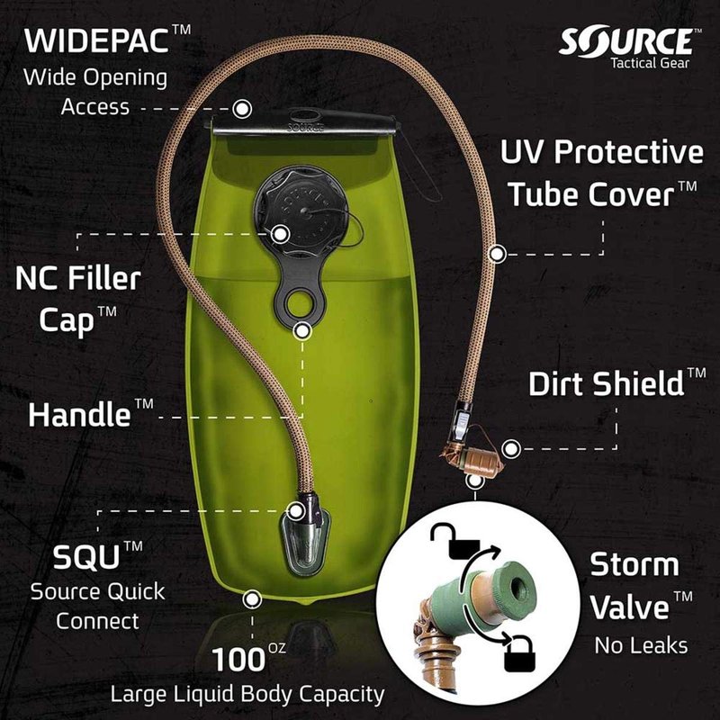 SOURCE Tactical WXP 2L Widepac Bladder with External Fill Port for Hydration Packs - High-Flow Storm Drinking Valve - Leakproof Widepac Closure - Zero Taste and Virtually Self-Cleaning - 70oz, Black