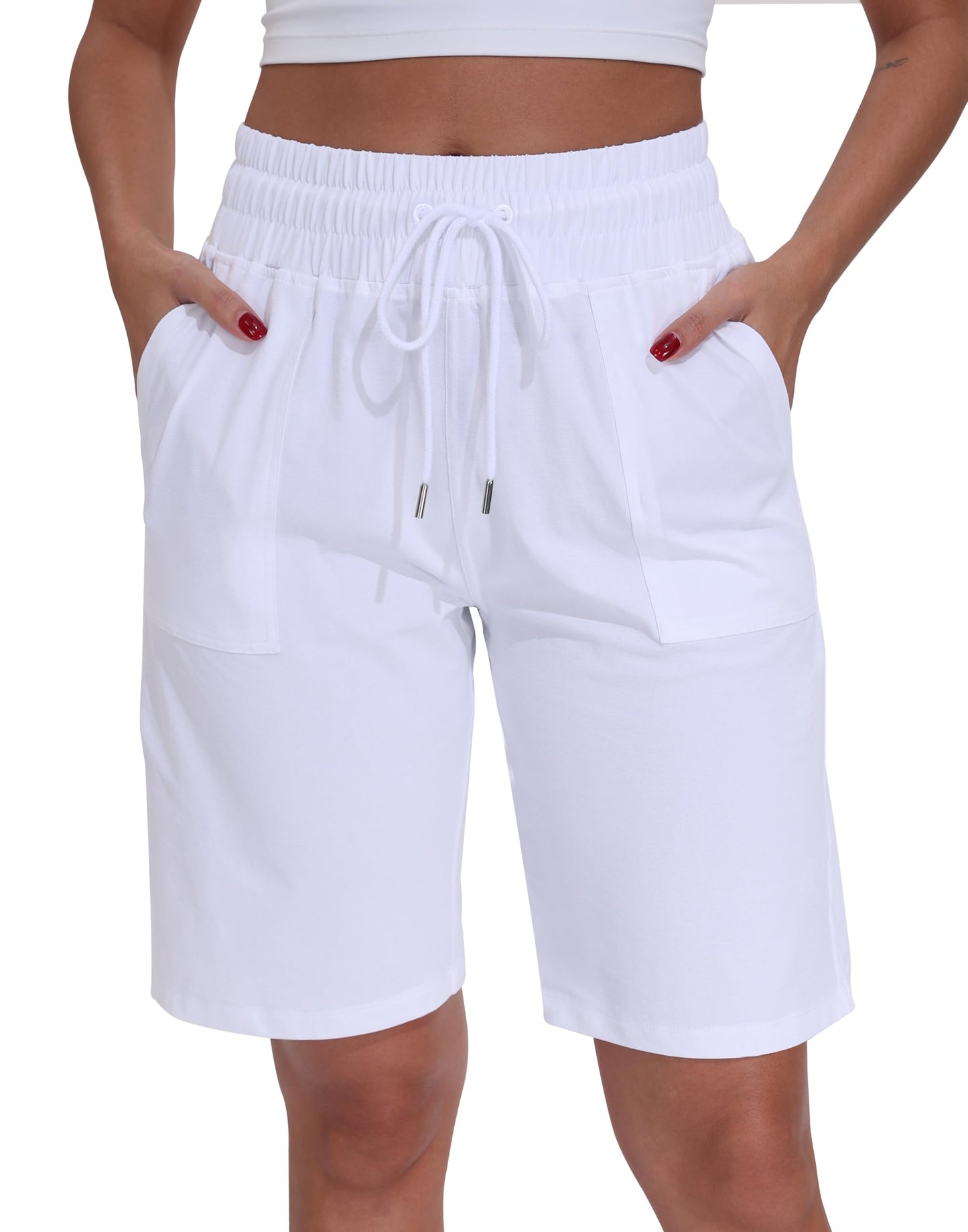 WEAREFO Women's Bermuda Shorts 10" Long High Waisted Comfy Jersey Knee Length Shorts with Pockets for Athletic Casual Wear (White, L)