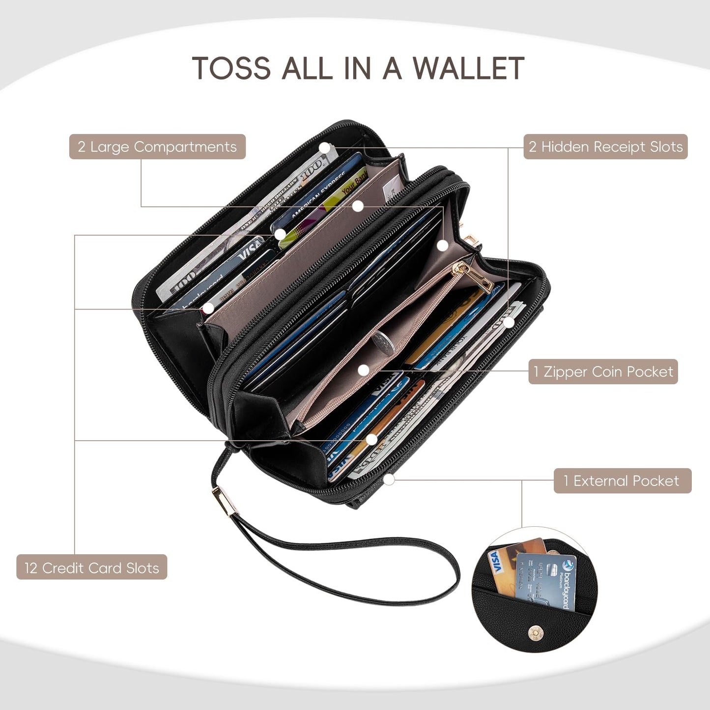 CLUCI Wallet Women Large Capacity Wristlet Purse for Women Long Ladies Wallet RFID Blocking Multi Credit Card Holder Black