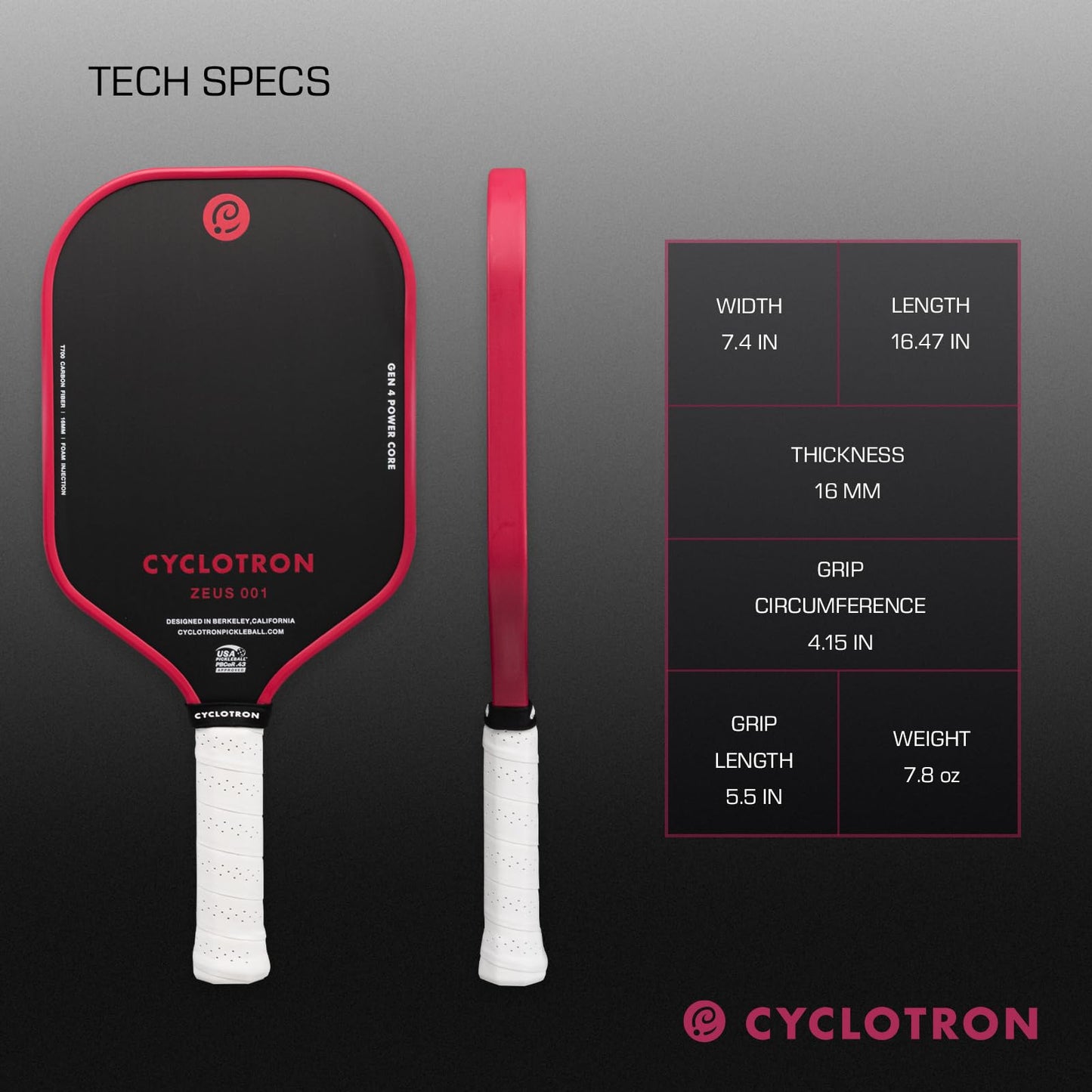 CYCLOTRON ZEUS001 Pickleball Paddle – 16.47” Elongated Shape - GEN4 Polypropylene Core, 3-Layer T700 Carbon Fiber Face - 16mm, Includes Paddle Cover