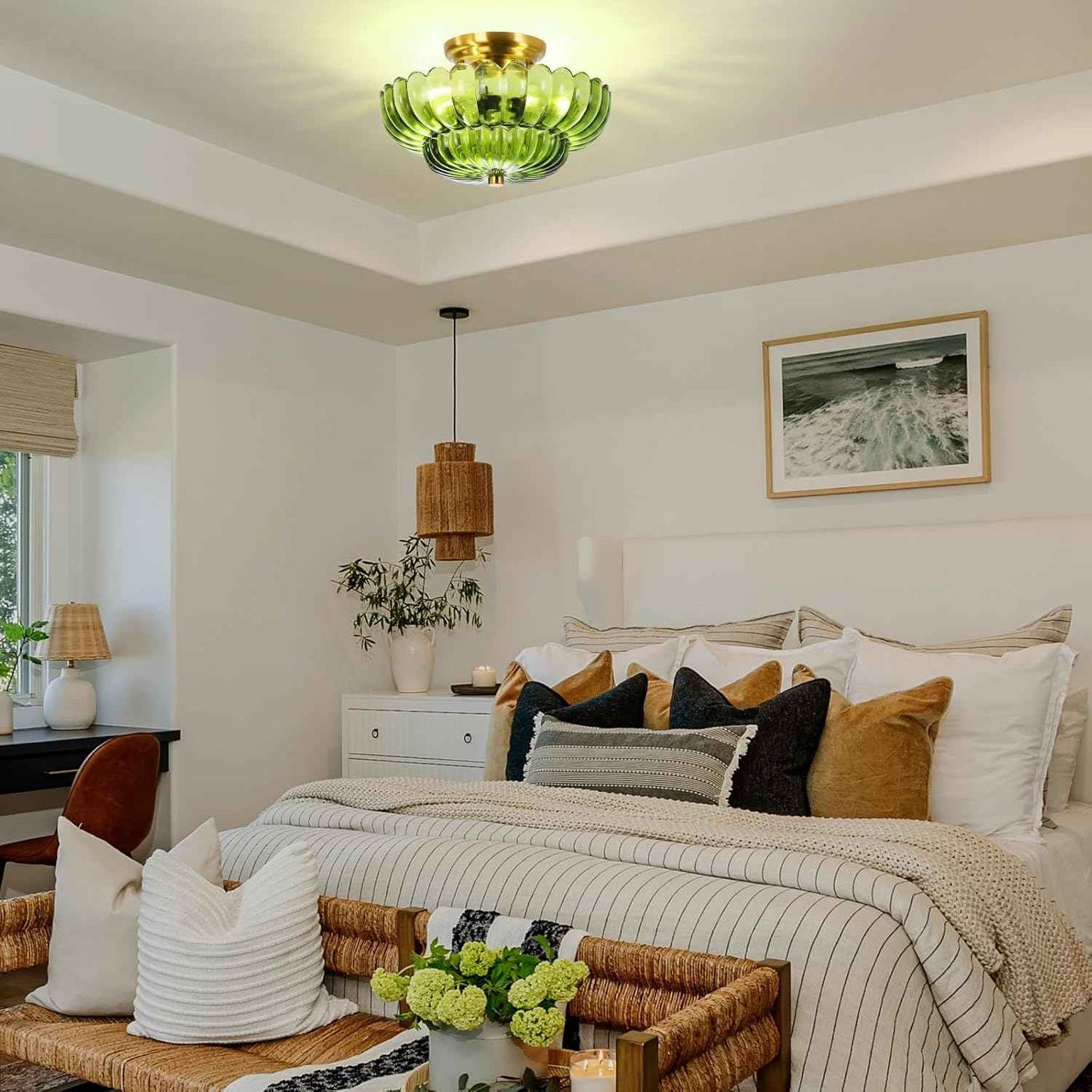 Modern Semi Flush Mount Ceiling Light Fixture with Brown Glass & Black Base - Ideal for Living Room, Kitchen, Bedroom, Hallway (Bulb Not Included)