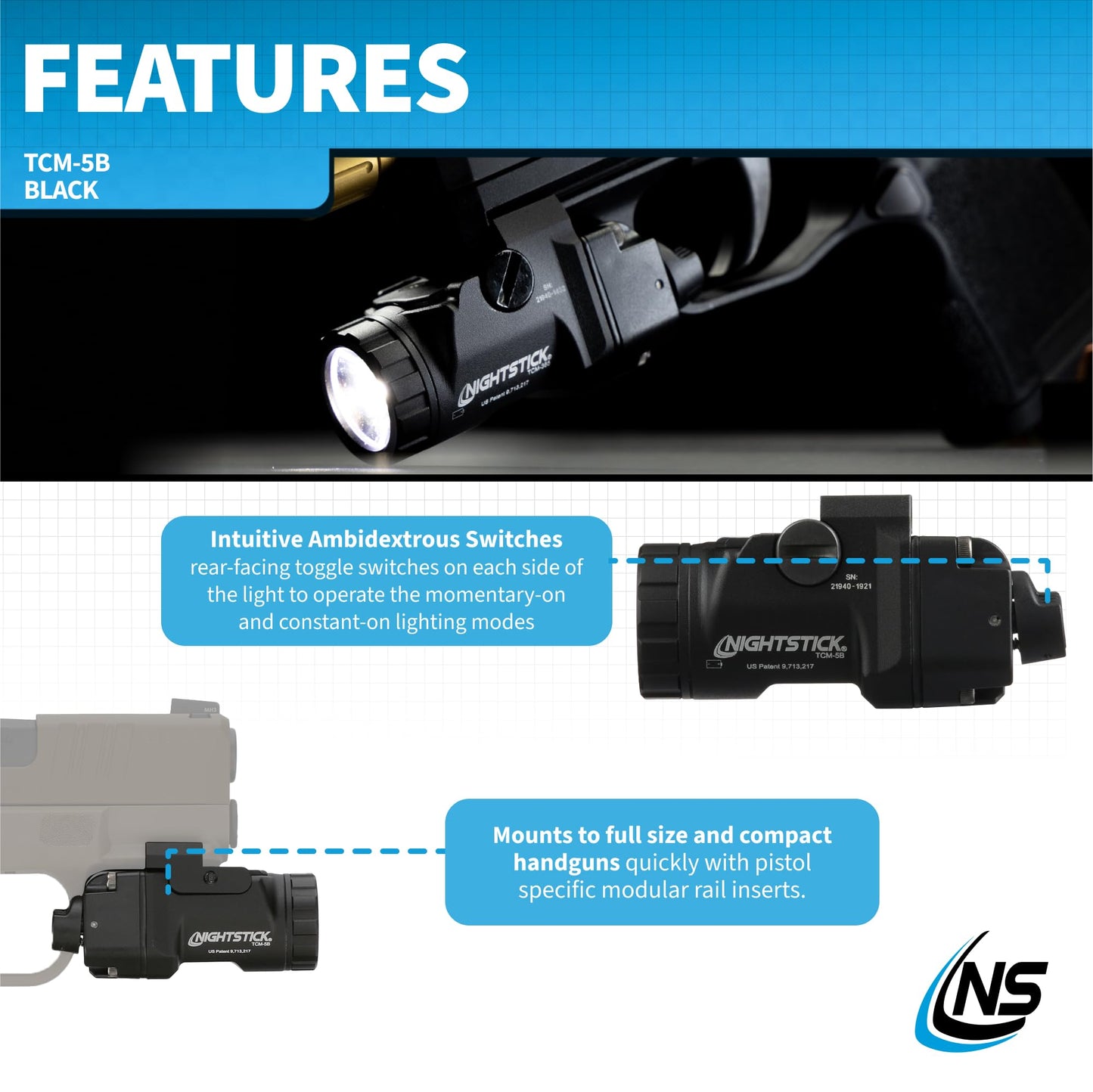 Nightstick TCM-5B Subcompact Handgun Light, Short/Narrow Rail Models - 1 CR123 - Black