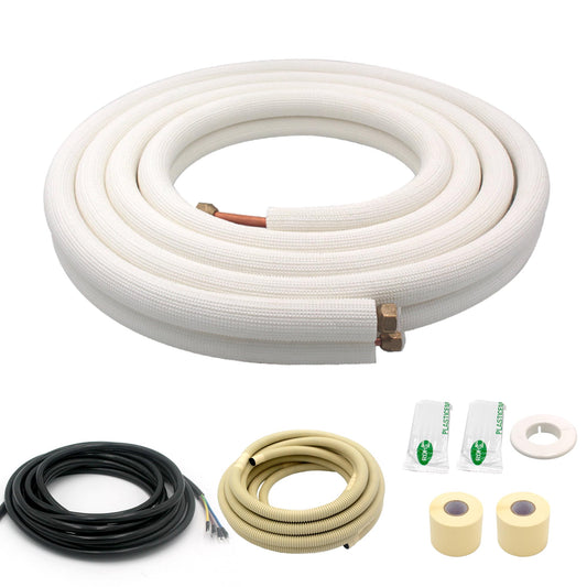 16FT Mini Split Line Set 1/4*3/8 OD HVAC Copper Tube Pipe Extension,3/8 Thickened PE Insulation Coil Air Conditioner Twin Copper Line Heating Equipment Hose with Flared Nuts (16FT (1/4+3/8) with wire)