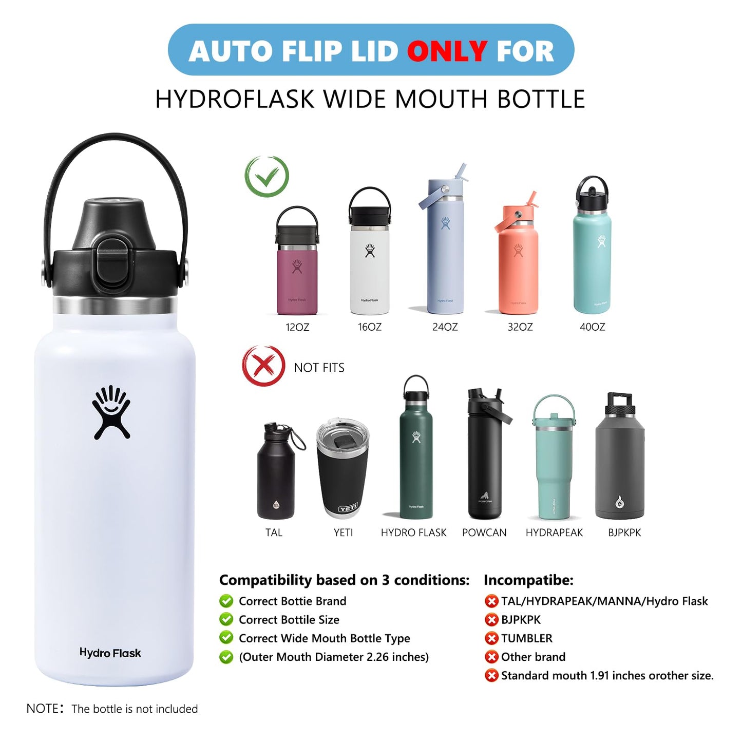 EIPOSAU Auto Flip Lid for Hydro Flask Wide Mouth, Great Spout Lid for Simple Modern, Fits for Iron Flask and Other Brands, Replacement Lid with Button Lock