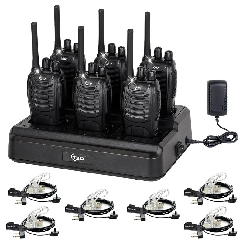 TIDRADIO Walkie Talkies Long Range Two Way Radios with 6-Way Multi Unit Charger, Acoustic Tube Headset & Mic, Hands Free VOX, Frequency Copy, Flashlight for Adults School Church Camping- TD-V2, 6 Pack