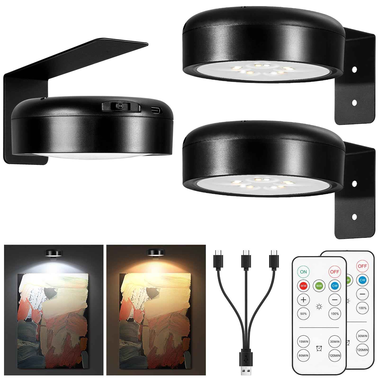 Picture Light for Wall Display Rechargeable with Remote, Wireless Painting light 3PACK, Brightness Dimmable with 3 Color Temp, Art Display Accent Lighting, Timmer Auto-OFF for Frame Gallery Portrait