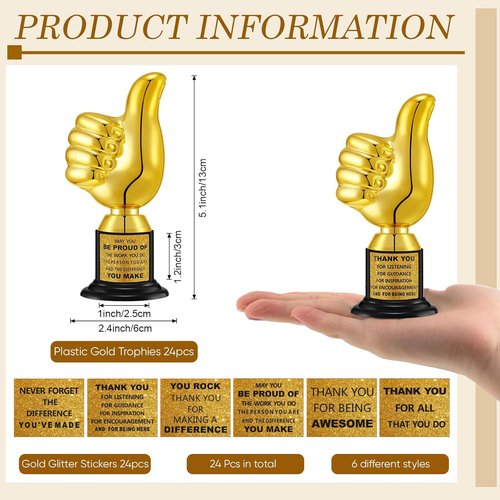 Highergo 24 Pcs Gold Thumbs Up Award Trophies - 5 Inch Plastic Cups for Employee Rewards & Party Favors