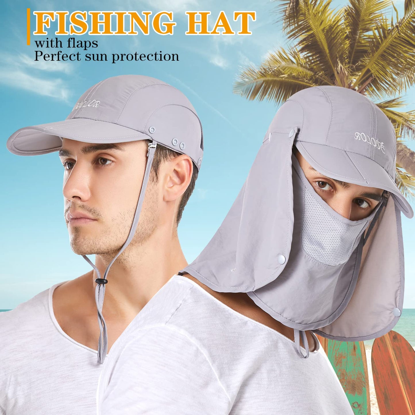 icolor Sun Hats for Men Women with Neck Flap,Foldable Sun Cap Fishing Sun Hats,Summer UPF50+ Sun Protection Ponytail Hats LightGray