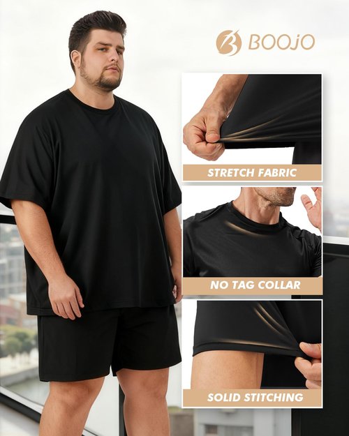 BOOJO Workout Mens Shirts - Casual Black Quick Dry Moisture Wicking T-Shirts Crew Neck Short Sleeve for Gym Athletic Running