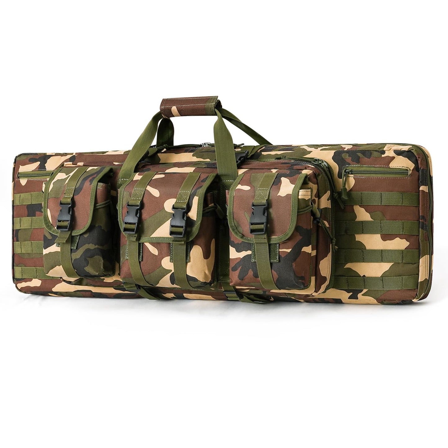 DULCE DOM Double Rifle Case, Soft Tactical Backpack for Hunting Shooting Range, Dual Storage Gun Bag for 2 Rifles & Pistols with Lockable Zippers & MOLLE System(Camo, 36", Stowaway Backpack Straps)