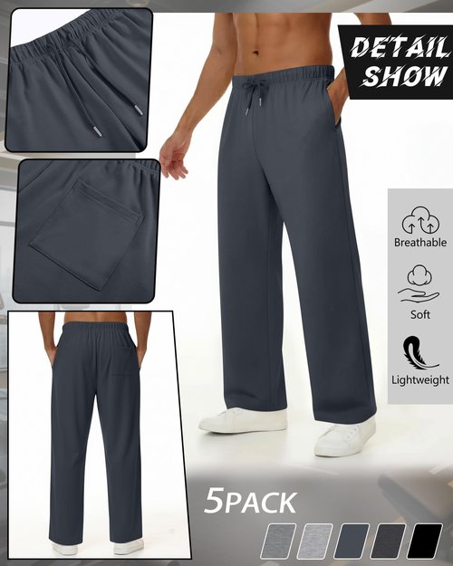 Baggyfly 5 Pack Men's Lightweight Baggy Sweatpants Straight Leg Open Bottom Drawstring Pants with 3 Pockets(Mix Gray, Light Gray, Blue Gray, Dark Gray, Black,Medium)