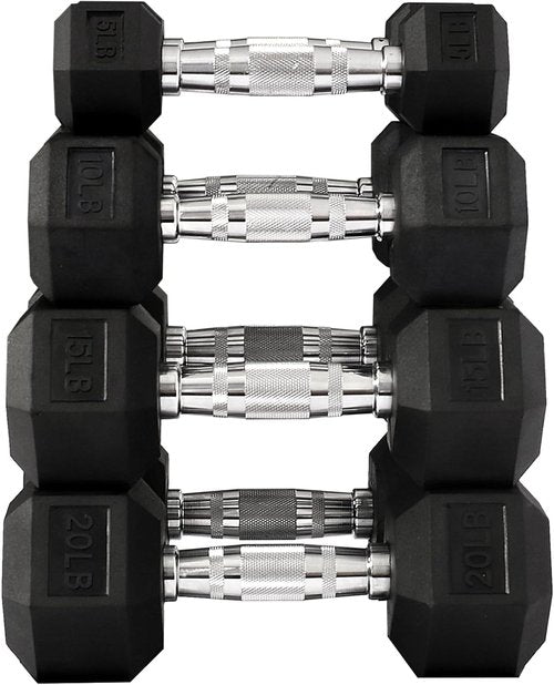 Fitvids Rubber Encased Hex Dumbbell Set - Includes 5 Pairs (5-20LB) - Durable Black Weights