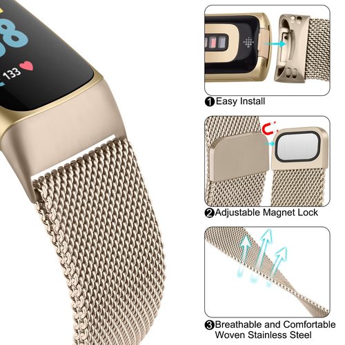 Meliya for Fitbit Charge 6 Bands Women Men, Stainless Steel Metal Mesh Loop Adjustable Magnetic Wristband Replacement Straps Compatible with Fitbit Charge 6 Fitness Tracker (Champagne)