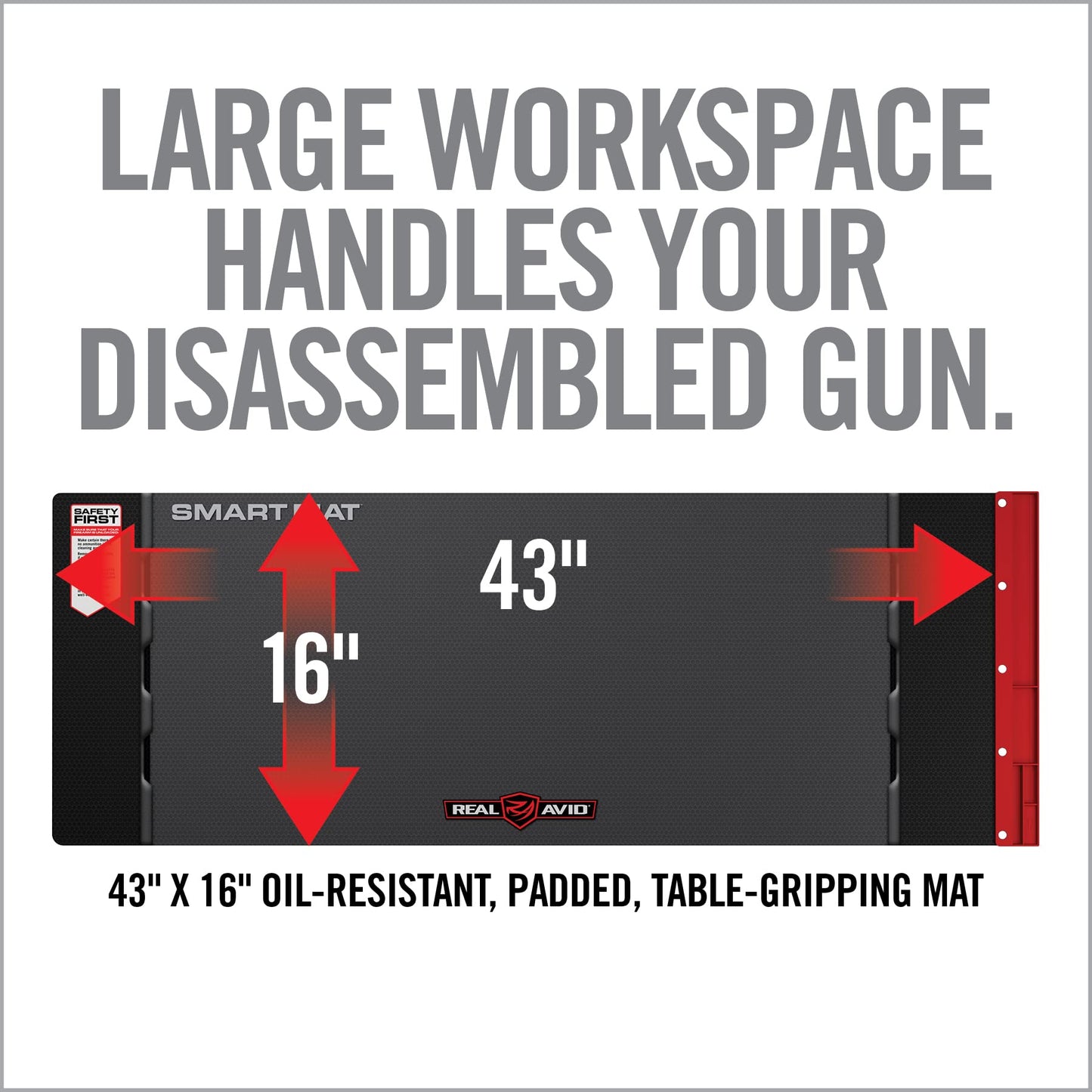Real Avid Universal Smart Mat - 43x16”, Large Gun Cleaning Mat with Integrated Red Parts Tray, Gun Oil Resistant, Non-Slip, Padded Cleaning Mat