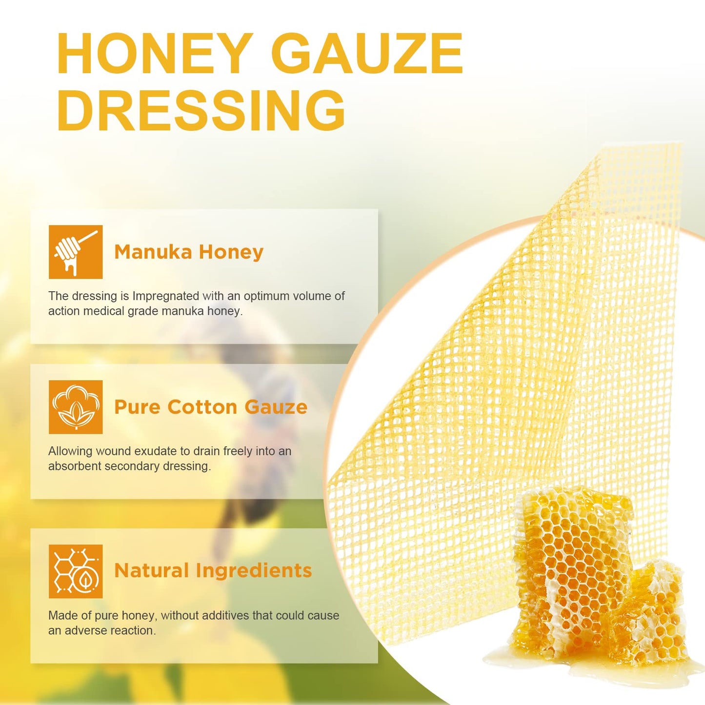 Ceeport Honey Gauze Wound Dressing, 4" x 4" Manuka Honey Wound Care, Medical Grade Honey Bandages for Wound Care, Honey Patch for Burns, Abrasions, Cuts and Scalds (Pack of 10)