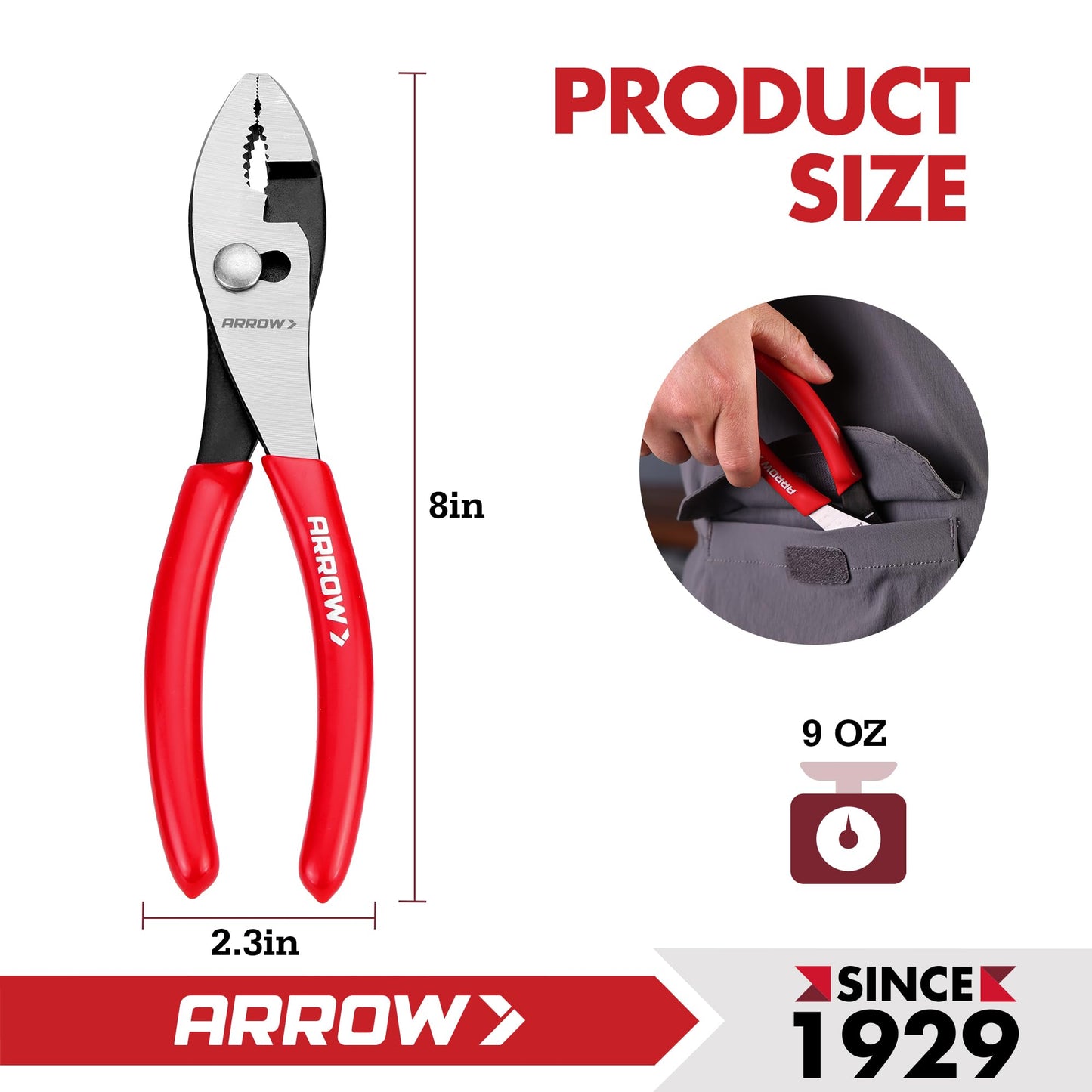 ARROW 8" Slip Joint Pliers, Pliers Tool with Thick Dip-Grip Handle, Strong Grip Jaws, High Carbon Steel, Pliers for Gripping, Loosening Nuts and Bolts, Cutting Steel Wire