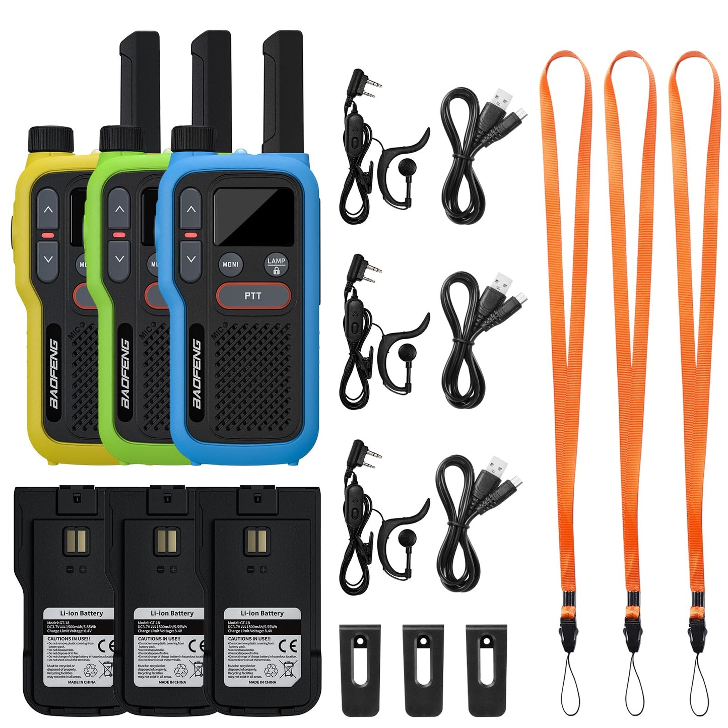 BAOFENG GT-18 Walkie Talkies for Kids Adult, License Free Long Range Rechargeable FRS Two Way Radio,1500mAh USB-C Battery, 22 Channels with NOAA for Camping Hiking Family, 3 Pack (Yellow, Green, Blue)