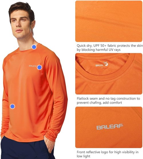 Baleaf Men's UV Protection Long Sleeve Rash Guard - SPF UPF 50+ Quick Dry Lightweight for Fishing & Running